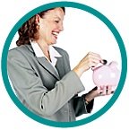 Woman laughs as she places a coin in a piggy bank. - Copyright – Stock Photo / Register Mark