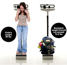 Young girl and a heavy backpack standing on respective doctor's scales. - Copyright – Stock Photo / Register Mark