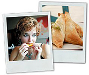 Polaroids of a woman eating dinner and of the dinner itself. - Copyright – Stock Photo / Register Mark