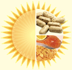 An illustration of the sun with vitamin d tablets and healthy foods. - Copyright – Stock Photo / Register Mark