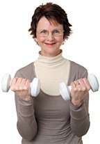 Older woman holding to small dumbbells. - Copyright – Stock Photo / Register Mark