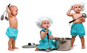 Three babies in chef hats playing with pots and ladles. - Copyright – Stock Photo / Register Mark