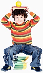 Young boy sitting on a stack of books. - Copyright – Stock Photo / Register Mark