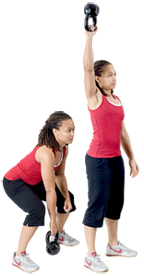 Personal trainer Chelsea Cooper domonstrates a Clean and Press with a Kettlebell. - Copyright – Stock Photo / Register Mark