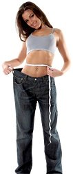 Woman wearing overly large pants to illustrate how much weight she has lost. - Copyright – Stock Photo / Register Mark